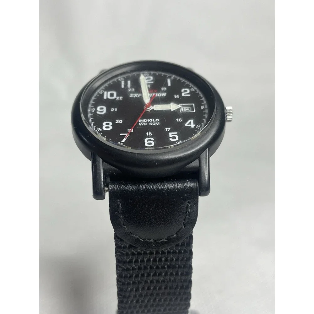 Timex Expedition Camper Watch T40011 Military Style Indiglo Black Leather Fabric